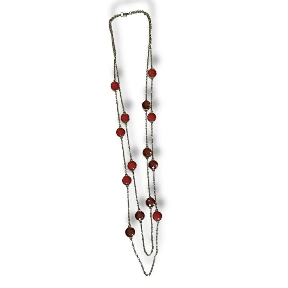 Gold tone Double Strand Necklace with red coral color
